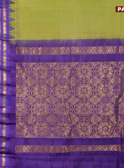 Gadwal cotton saree light green and blue with allover checked pattern and temple design zari korvai woven border without blouse