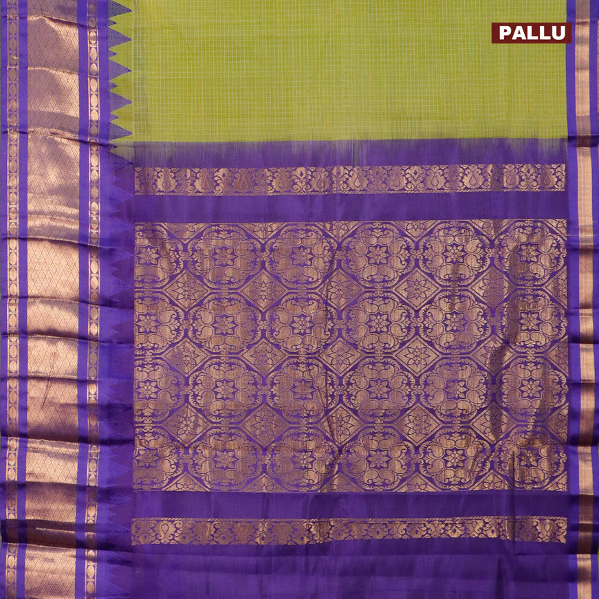 Gadwal cotton saree light green and blue with allover checked pattern and temple design zari korvai woven border without blouse