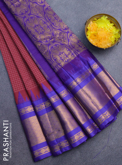 Gadwal cotton saree maroon and blue with allover checked pattern and temple design zari korvai woven border without blouse