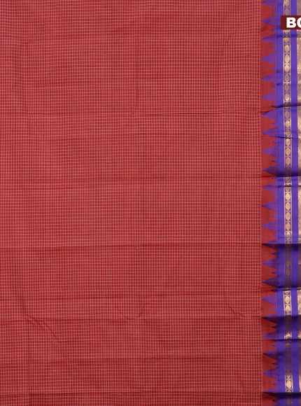 Gadwal cotton saree maroon and blue with allover checked pattern and temple design zari korvai woven border without blouse