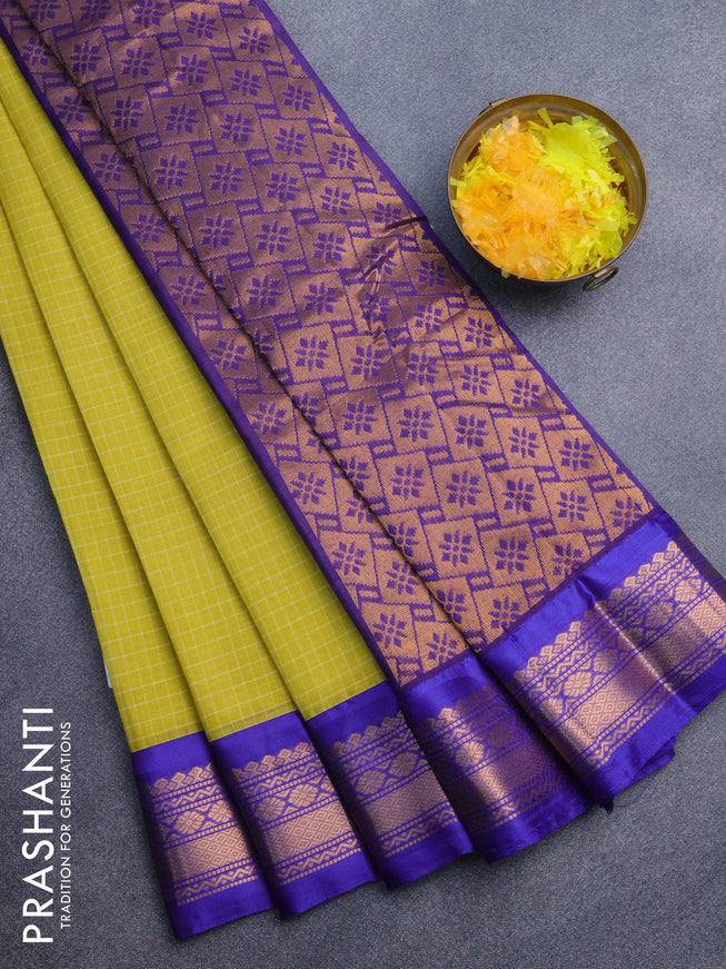Gadwal cotton saree yellow and blue with allover checked pattern and zari woven korvai border without blouse