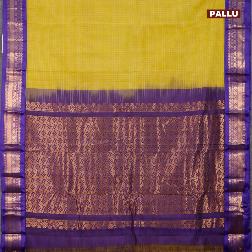Gadwal cotton saree yellow and blue with allover checked pattern and zari woven korvai border without blouse