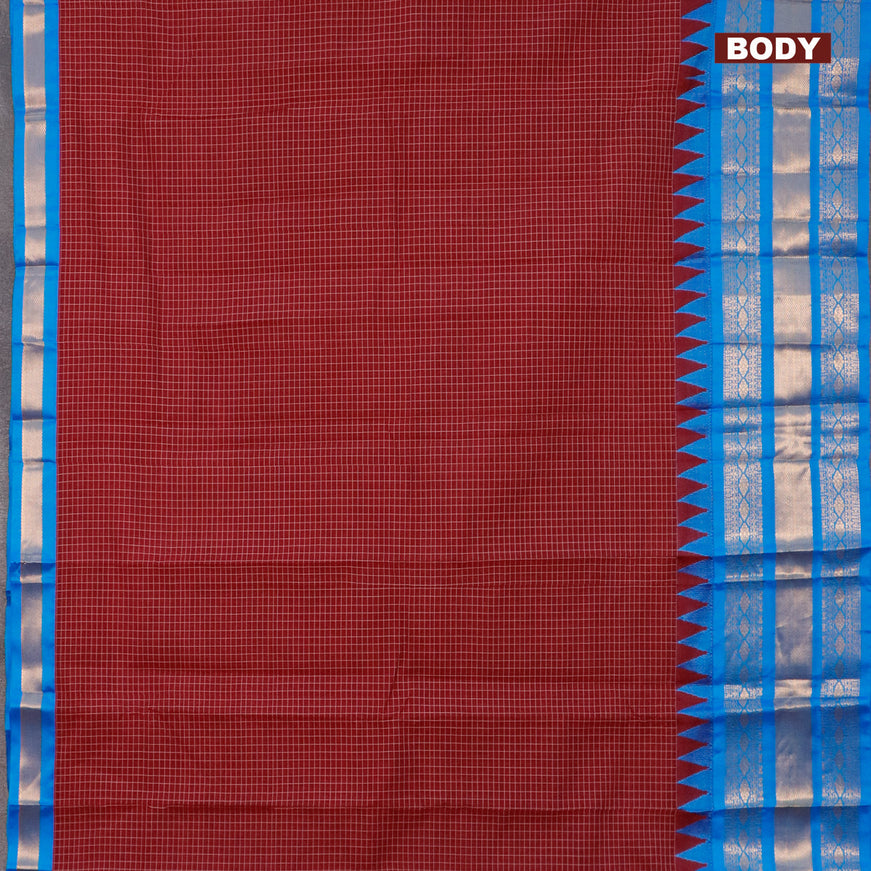 Gadwal cotton saree maroon and cs blue with allover checked pattern and temple design zari korvai woven border without blouse