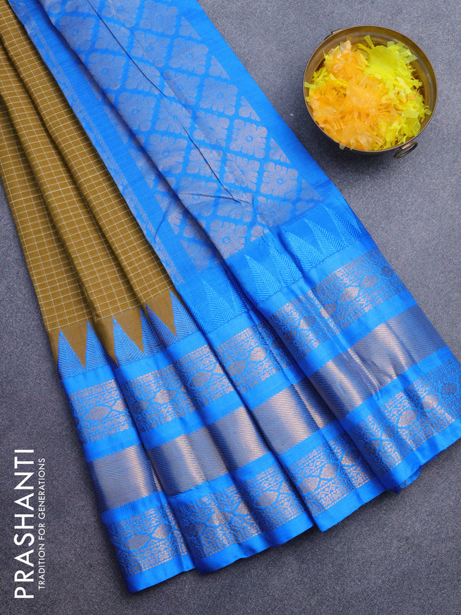 Gadwal cotton saree dark mustard and cs blue with allover checked pattern and temple design zari korvai woven border without blouse