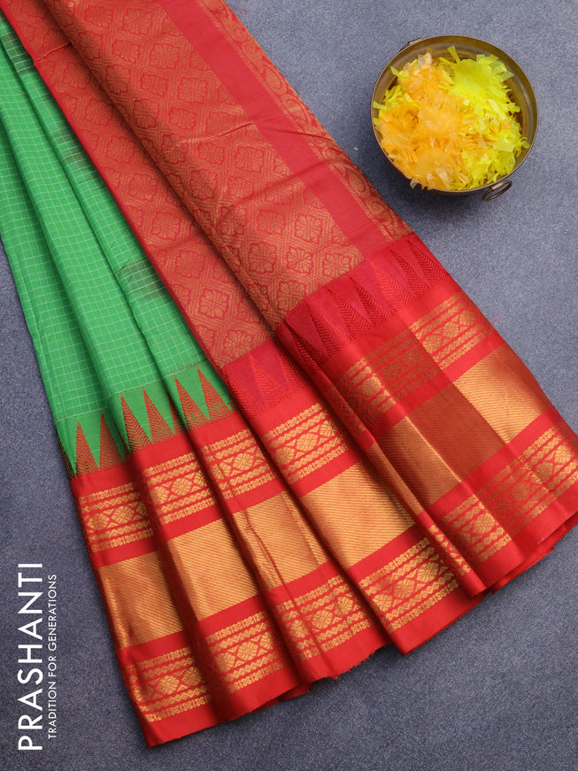 Gadwal cotton saree light green and red with allover checked pattern and temple design zari korvai woven border without blouse