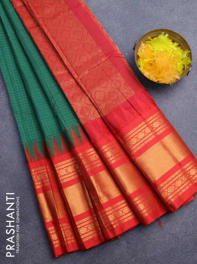 Gadwal cotton saree green and red with allover checked pattern and temple design zari korvai woven border without blouse