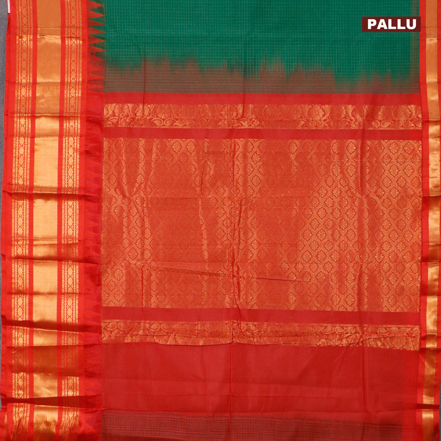 Gadwal cotton saree green and red with allover checked pattern and temple design zari korvai woven border without blouse