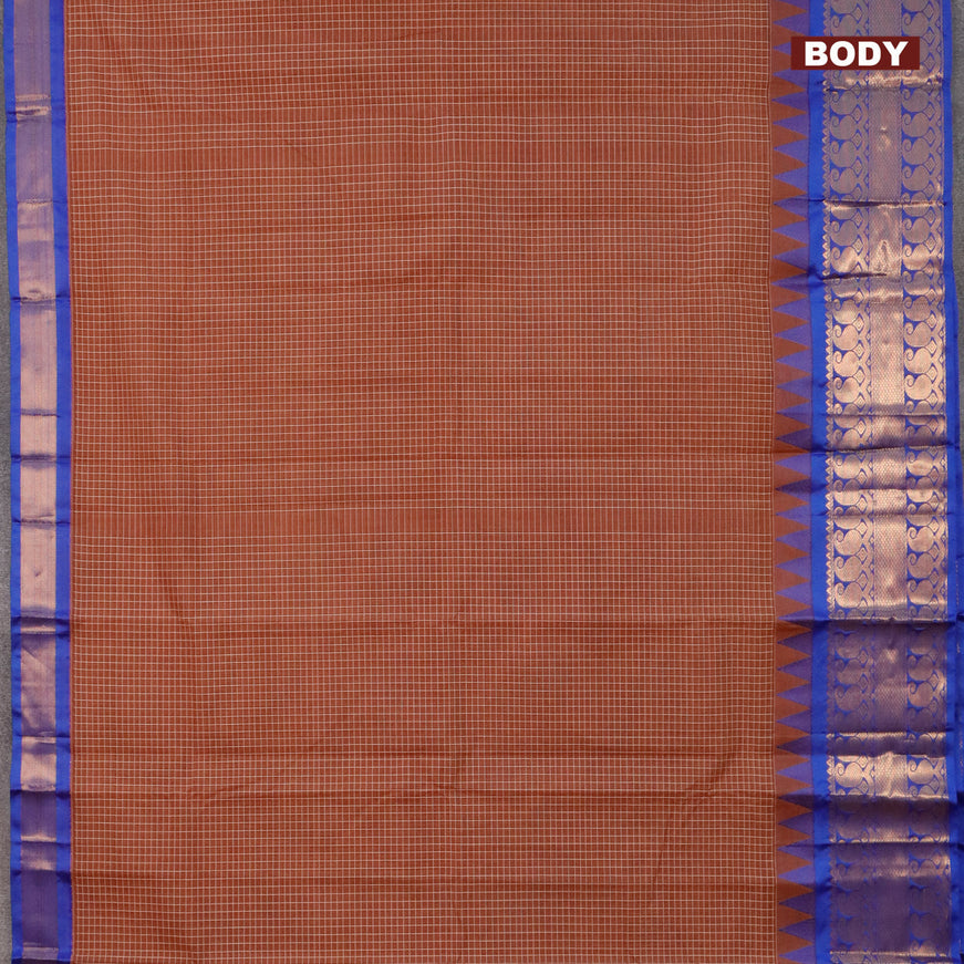 Gadwal cotton saree brown and blue with allover checked pattern and temple design zari korvai woven border without blouse