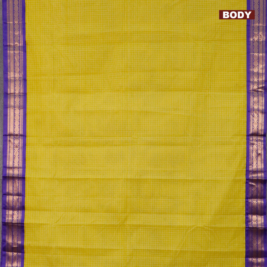 Gadwal cotton saree lime yellow and blue with allover checked pattern and zari woven korvai border without blouse
