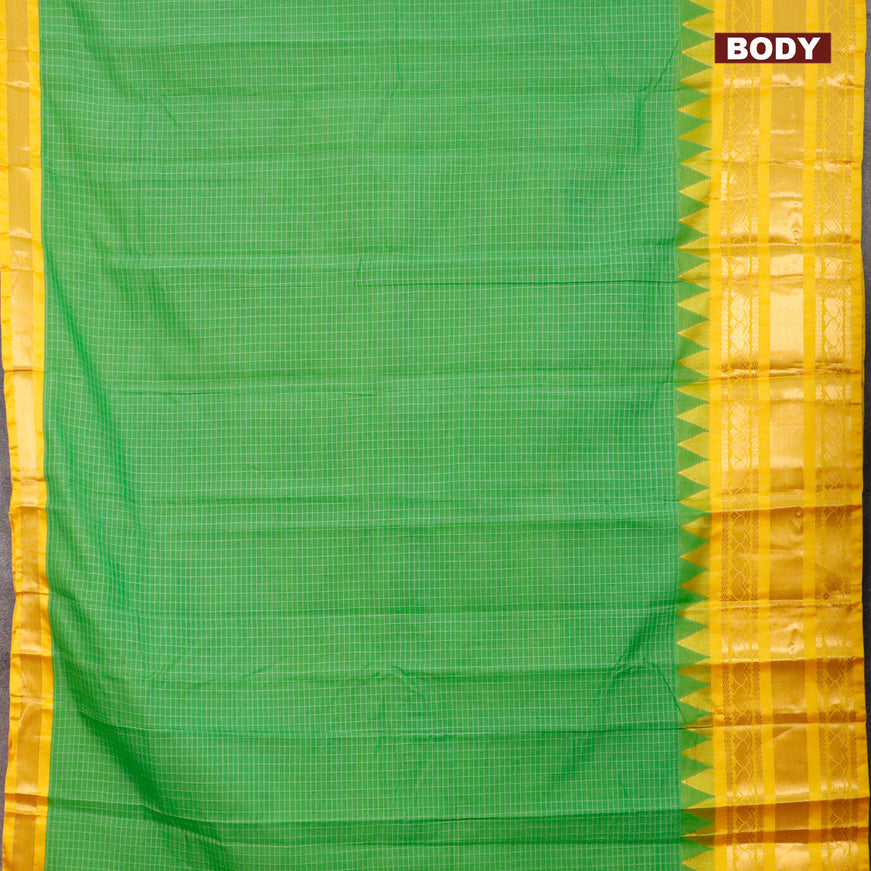 Gadwal cotton saree light green and yellow with allover checked pattern and temple design zari korvai woven border without blouse