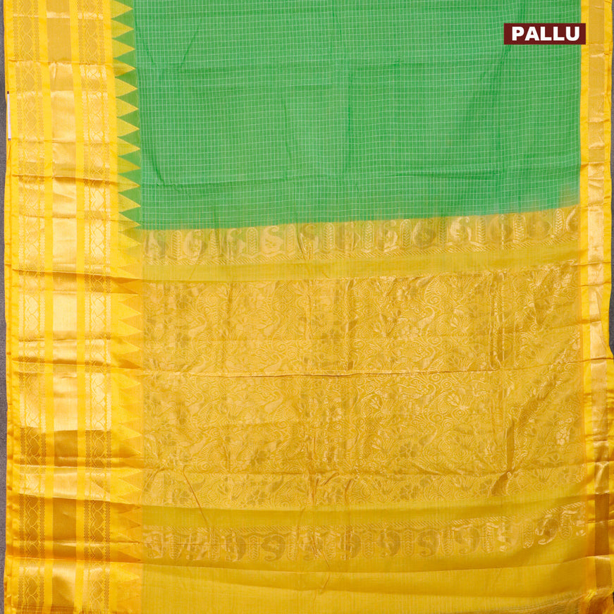 Gadwal cotton saree light green and yellow with allover checked pattern and temple design zari korvai woven border without blouse