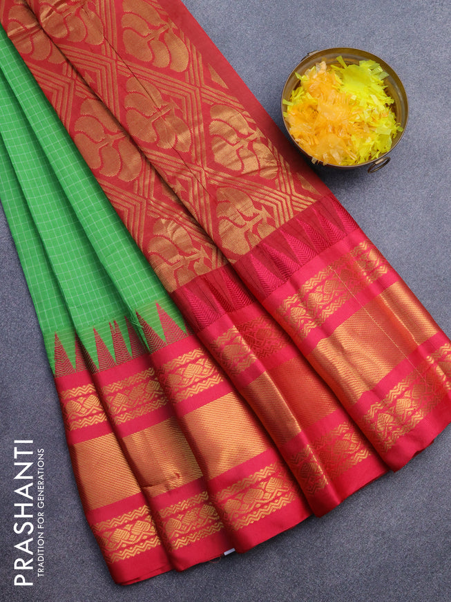 Gadwal cotton saree light green and pink with allover checked pattern and temple design zari korvai woven border without blouse
