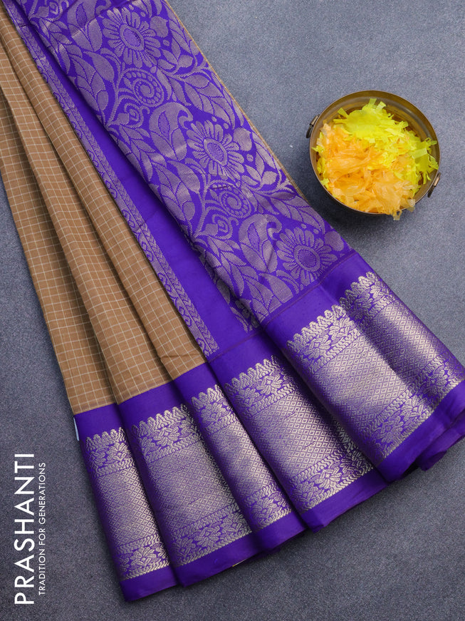 Gadwal cotton saree sandal and violet with allover checked pattern and zari woven korvai border without blouse