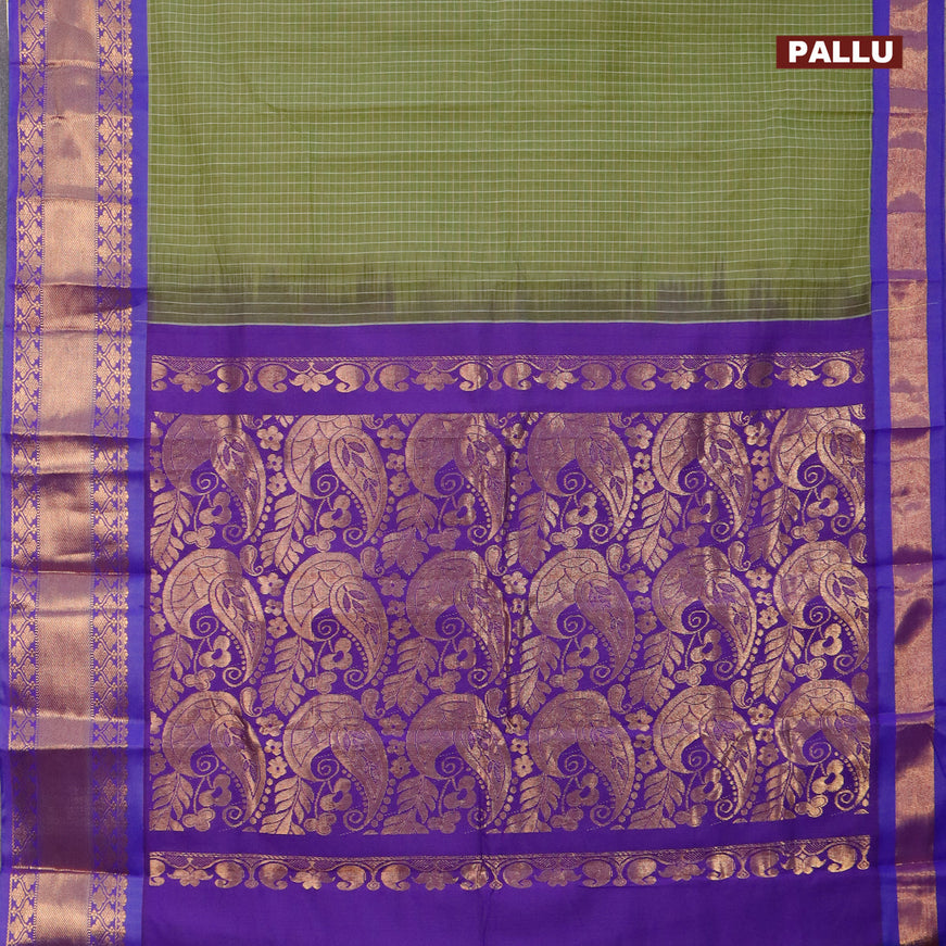 Gadwal cotton saree green shade and blue with allover checked pattern and zari woven korvai border without blouse
