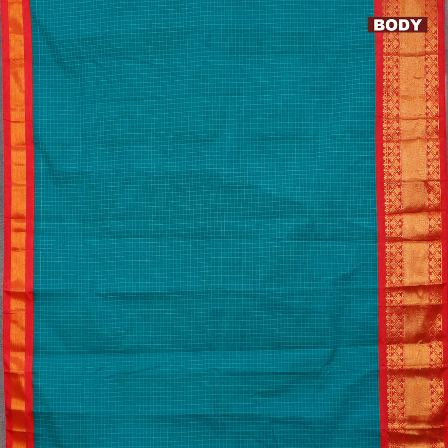 Gadwal cotton saree teal green and pink with allover checked pattern and zari woven korvai border without blouse