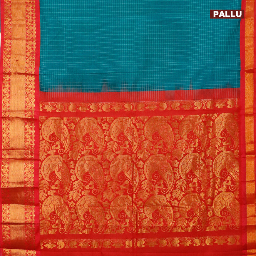 Gadwal cotton saree teal green and pink with allover checked pattern and zari woven korvai border without blouse