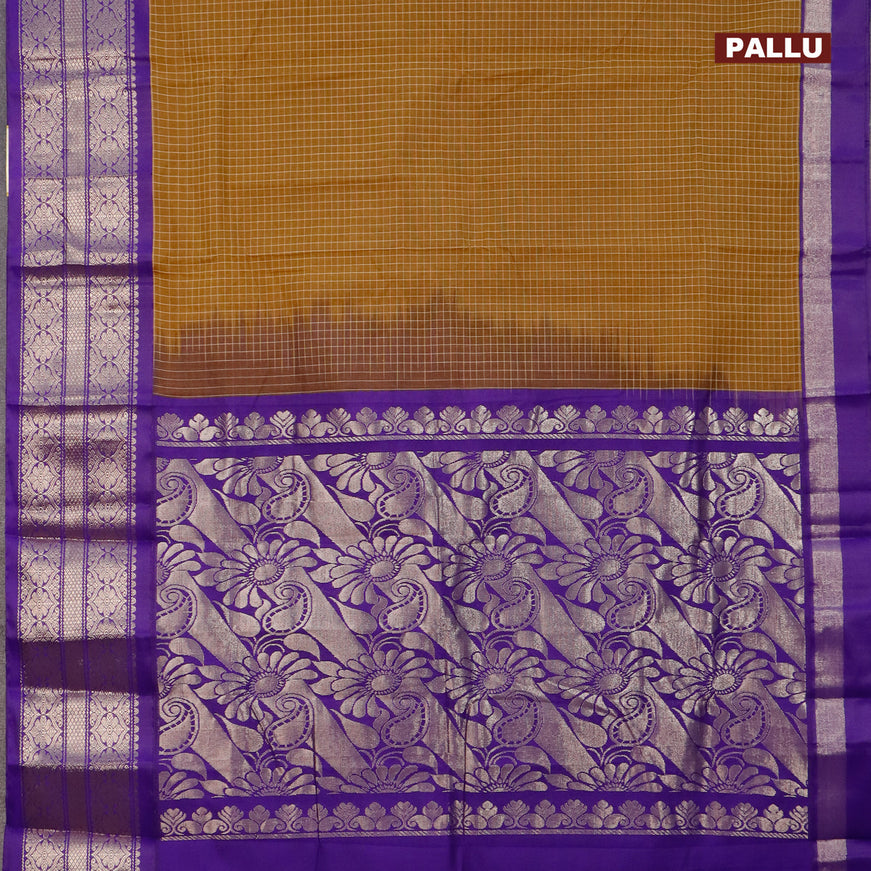 Gadwal cotton saree dark sandal and violet with allover checked pattern and zari woven korvai border without blouse
