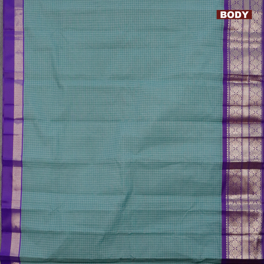 Gadwal cotton saree greyish green and violet with allover checked pattern and zari woven korvai border without blouse
