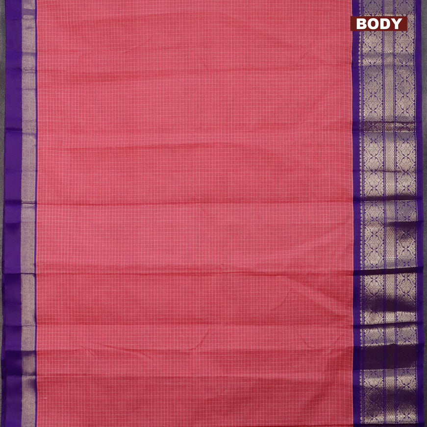 Gadwal cotton saree pink and violet with allover checked pattern and zari woven korvai border without blouse