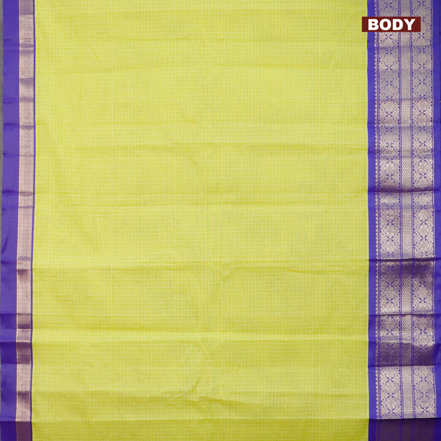 Gadwal cotton saree fluorescent green and blue with allover checked pattern and zari woven korvai border without blouse
