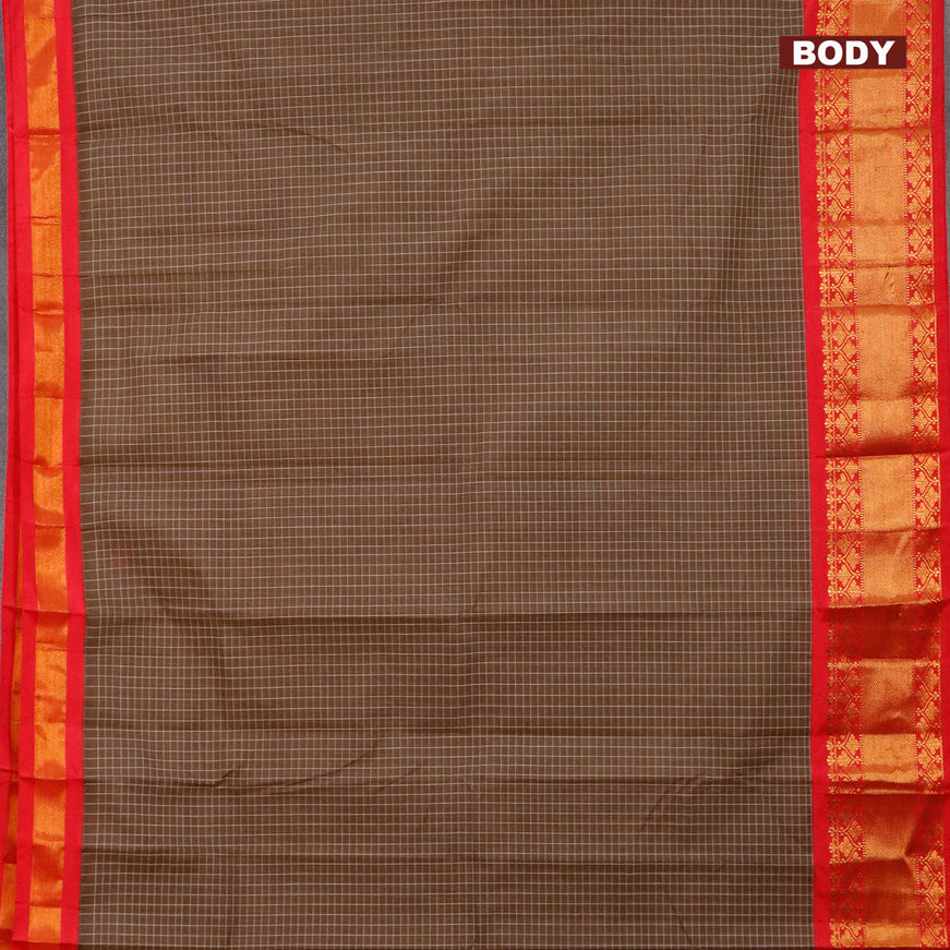 Gadwal cotton saree brown shade and pink with allover checked pattern and long zari woven korvai border without blouse