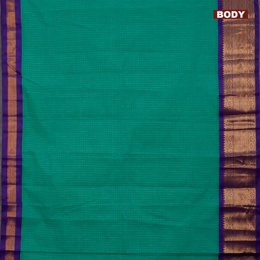 Gadwal cotton saree teal blue and violet with allover checked pattern and long zari woven korvai border without blouse