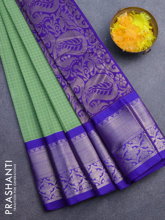 Gadwal cotton saree light green and blue with allover checked pattern and zari woven korvai border without blouse