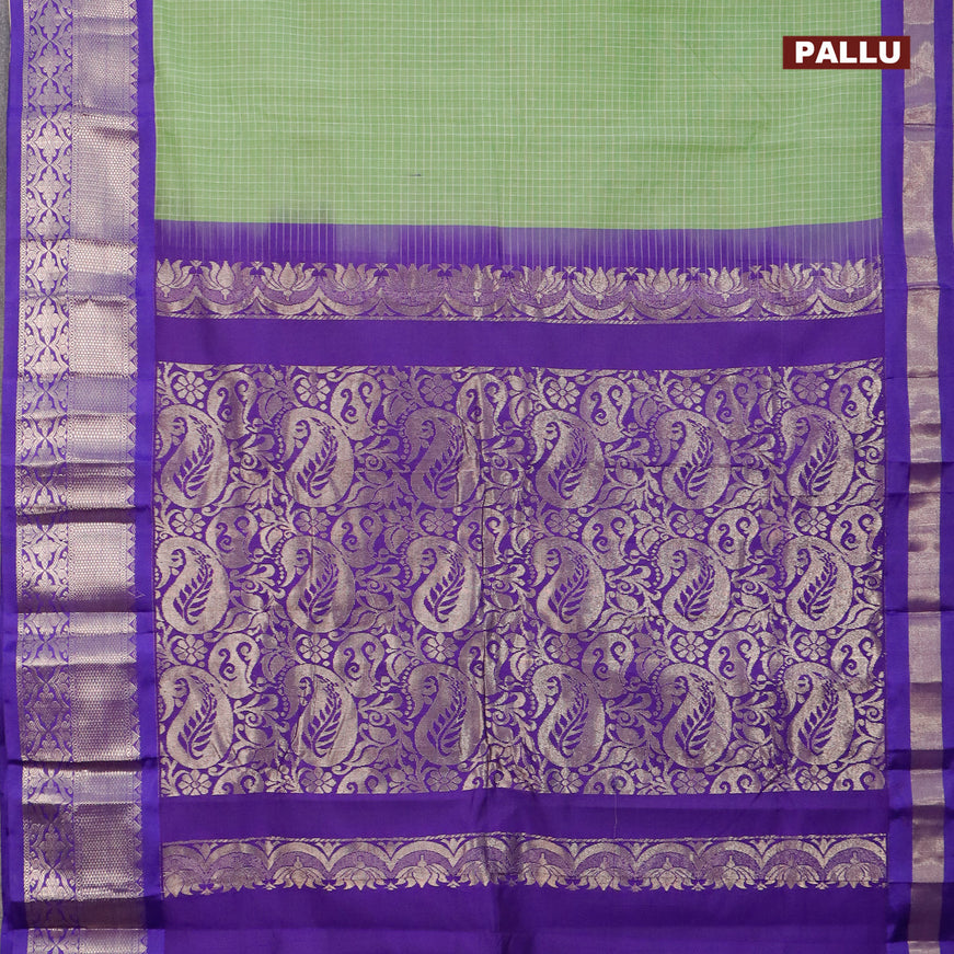 Gadwal cotton saree light green and blue with allover checked pattern and zari woven korvai border without blouse