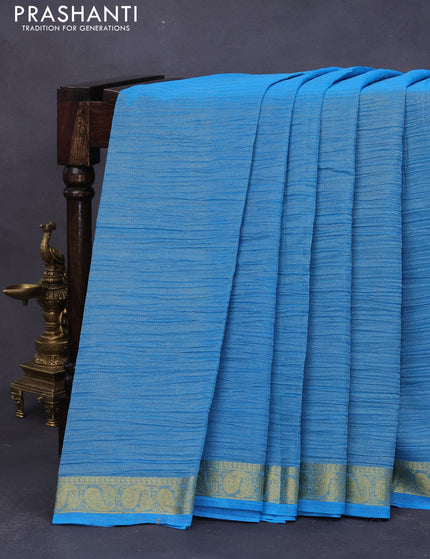 Crushed tissue saree cs blue with plain body and paisley zari woven border