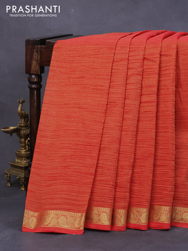 Crushed tissue saree red with plain body and paisley zari woven border