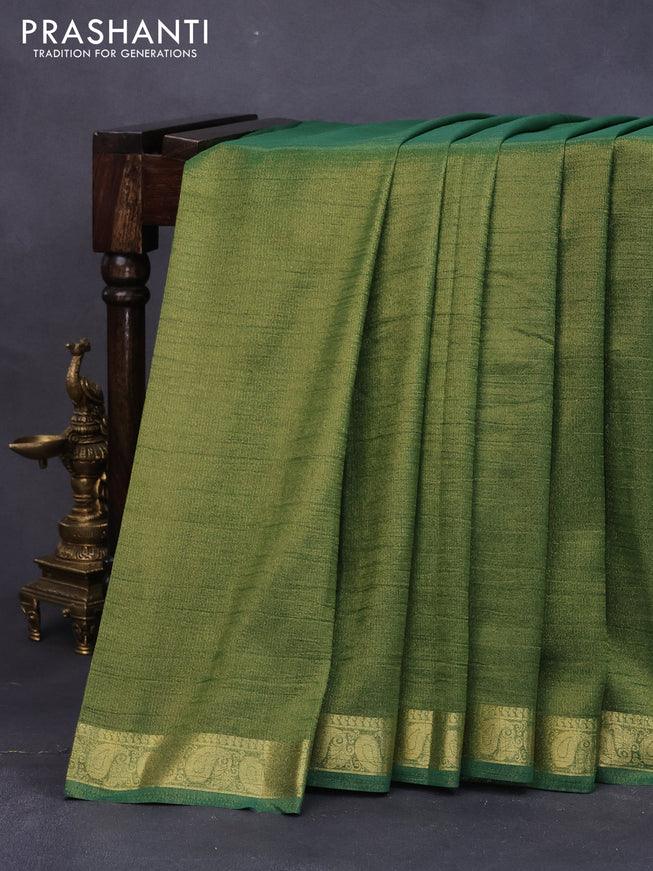 Crushed tissue saree green with plain body and paisley zari woven border