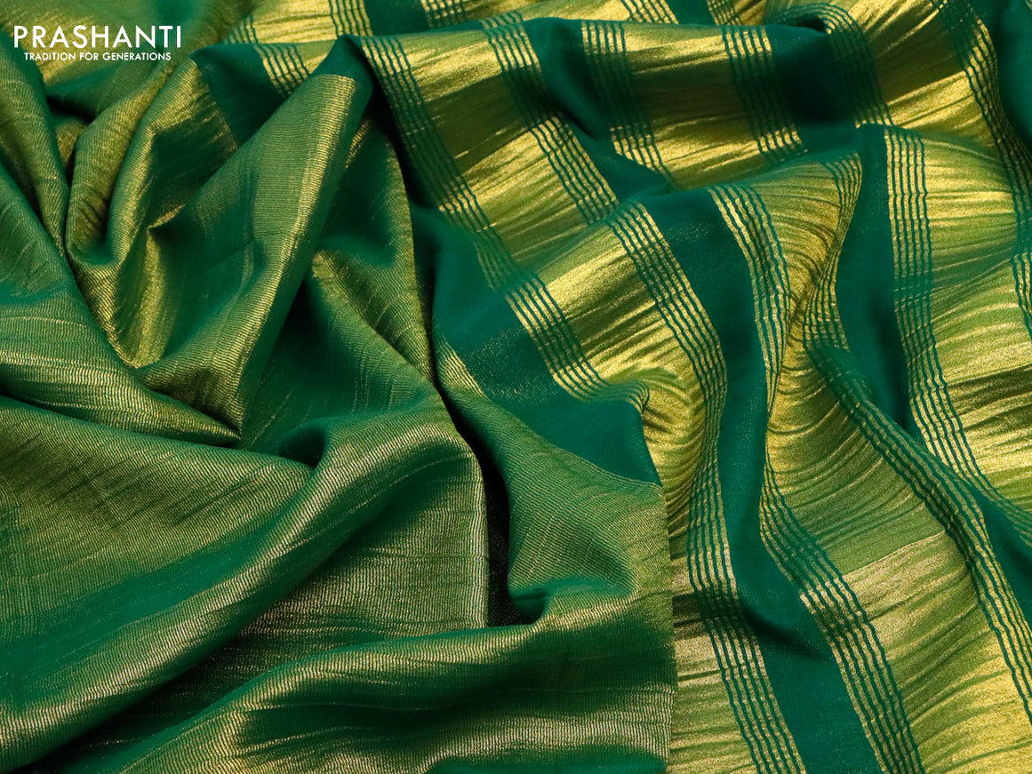 Crushed tissue saree green with plain body and paisley zari woven border