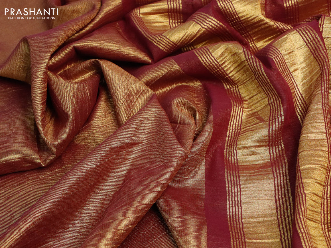 Crushed tissue saree wine shade with plain body and paisley zari woven border