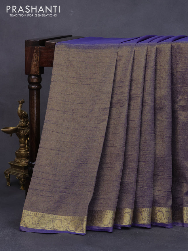 Crushed tissue saree blue with plain body and paisley zari woven border