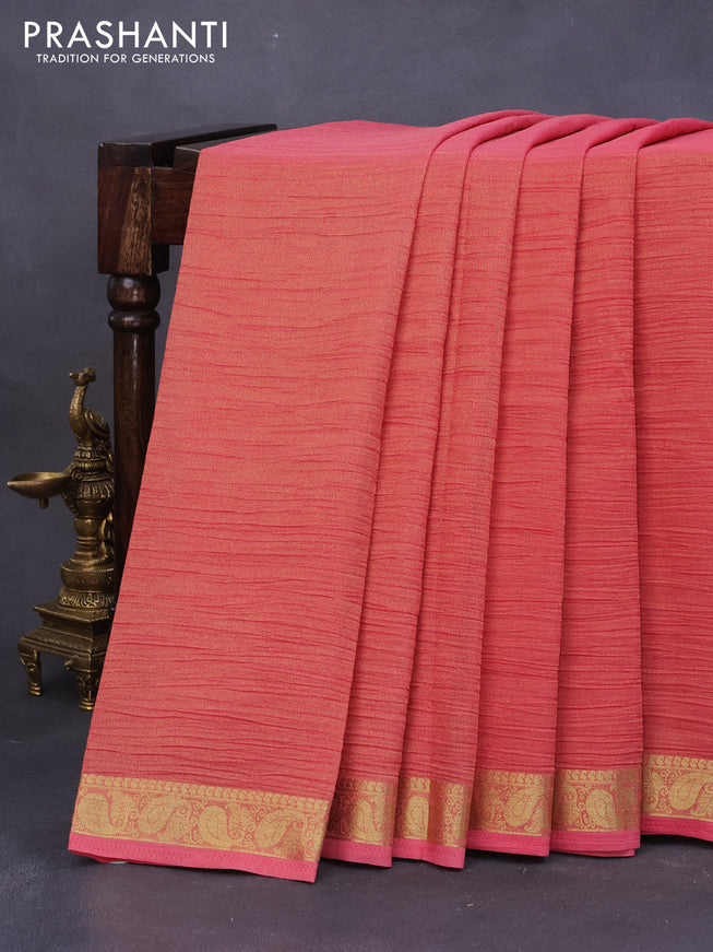 Crushed tissue saree pink shade with plain body and paisley zari woven border