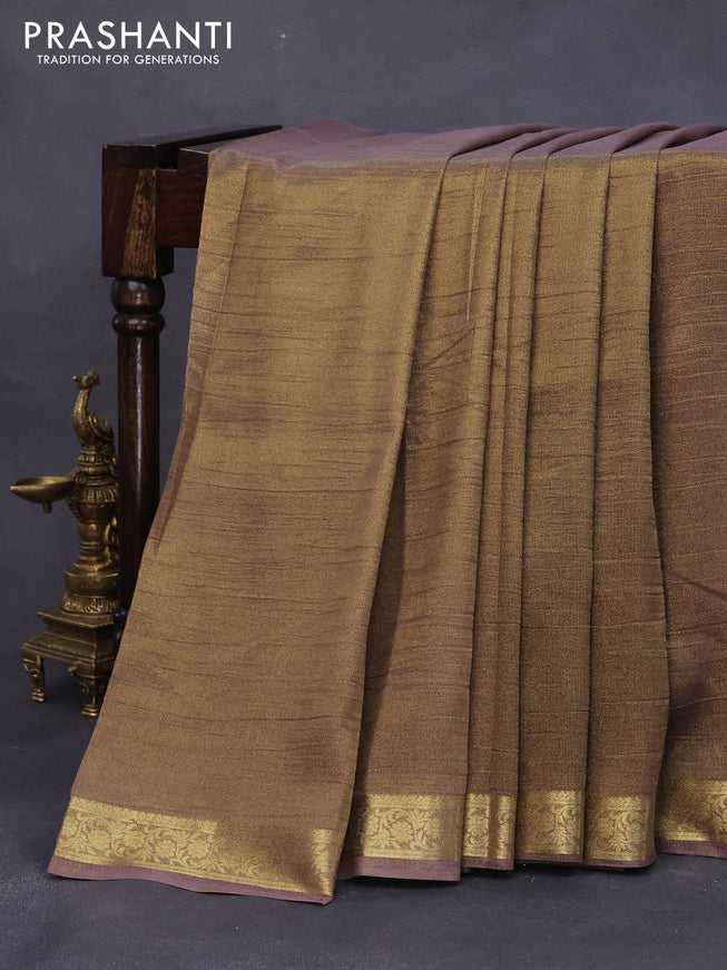 Crushed tissue saree brown shade with plain body and zari woven border