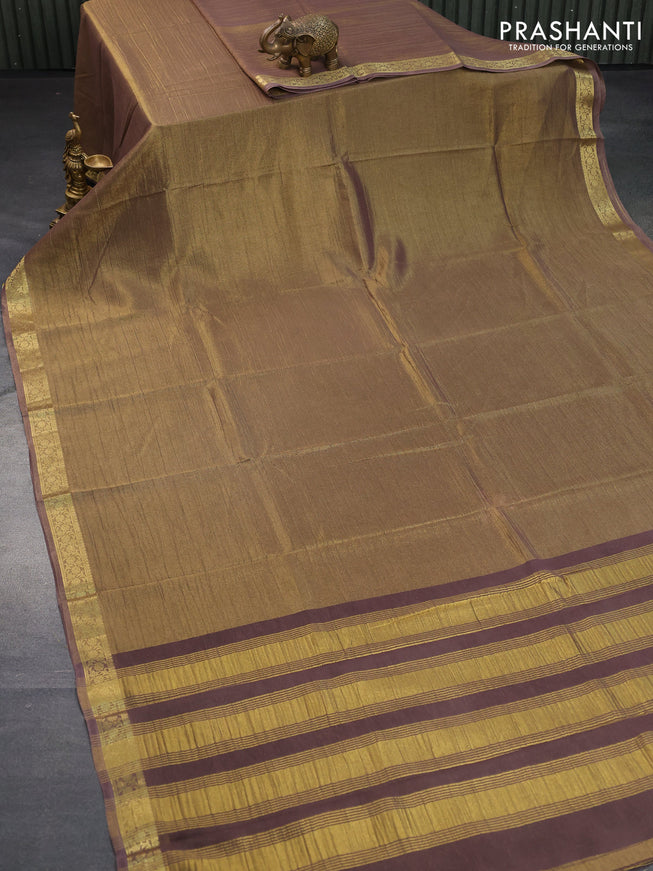 Crushed tissue saree brown shade with plain body and zari woven border