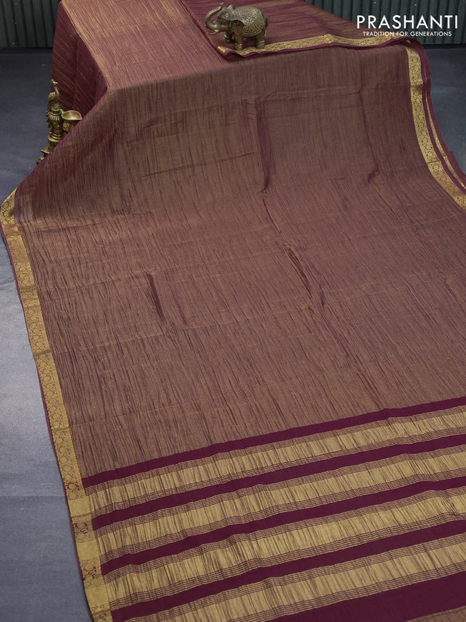 Crushed tissue saree maroon shade with plain body and zari woven border