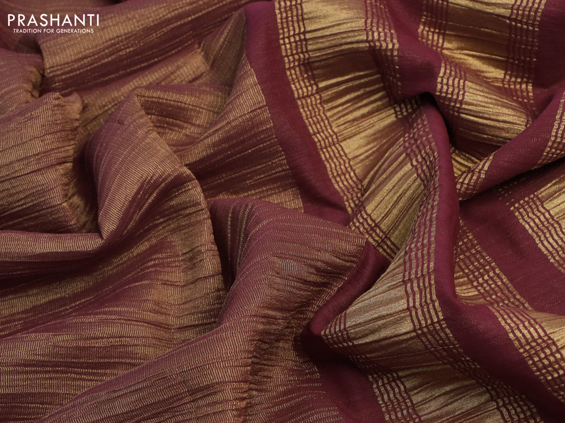 Crushed tissue saree maroon shade with plain body and zari woven border