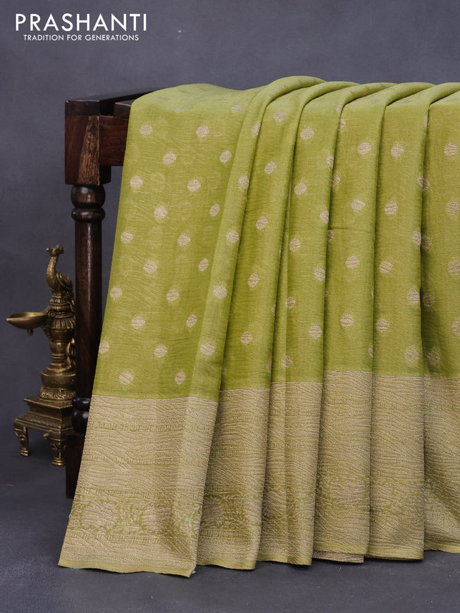 Crushed tissue saree lime green with zari woven buttas and long zari woven border