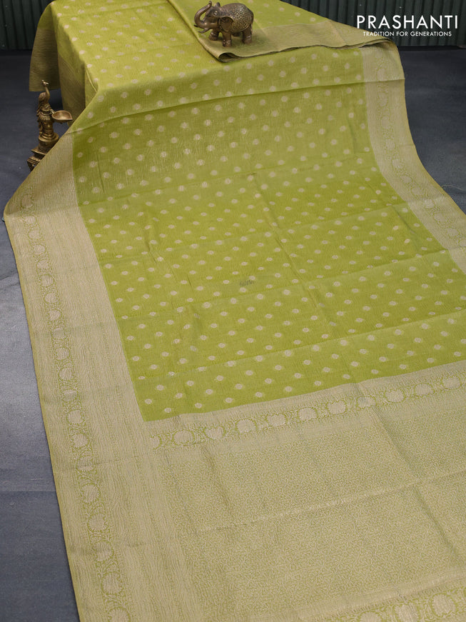 Crushed tissue saree lime green with zari woven buttas and long zari woven border