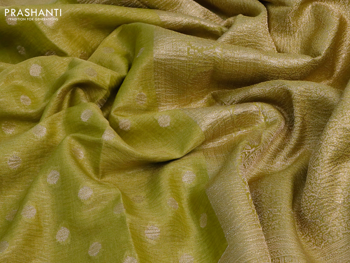 Crushed tissue saree lime green with zari woven buttas and long zari woven border