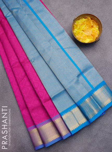 Silk cotton saree pink and blue with allover self emboss jaquard and zari woven border