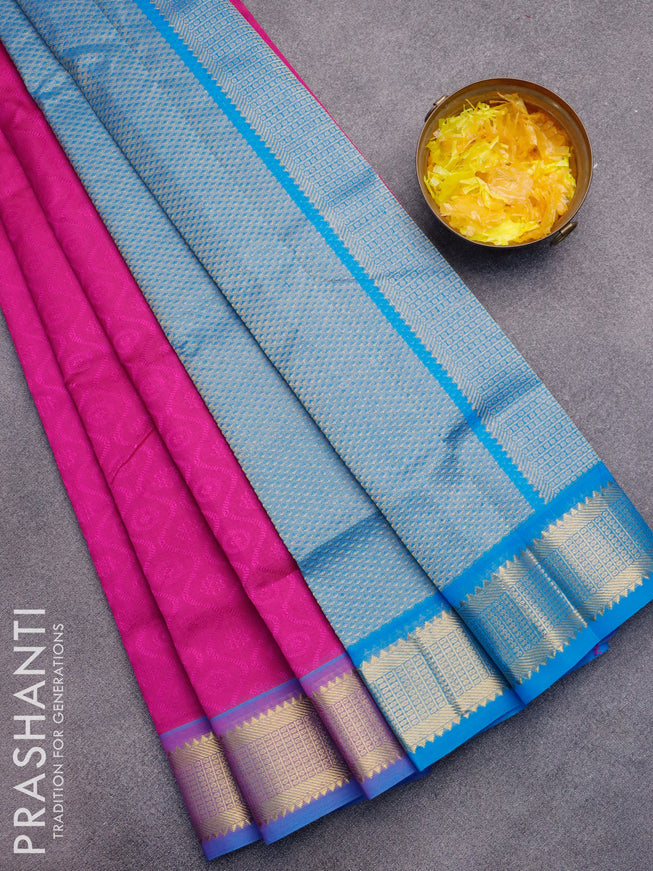 Silk cotton saree pink and blue with allover self emboss jaquard and zari woven border