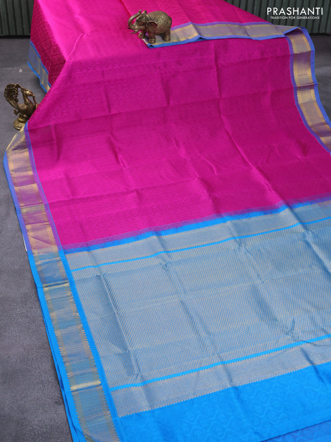 Silk cotton saree pink and blue with allover self emboss jaquard and zari woven border