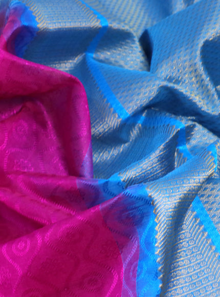 Silk cotton saree pink and blue with allover self emboss jaquard and zari woven border