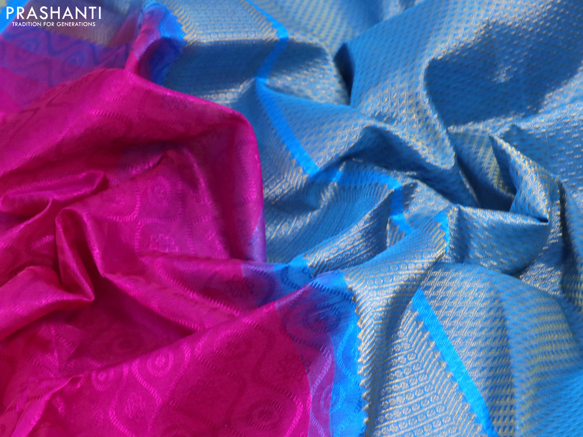 Silk cotton saree pink and blue with allover self emboss jaquard and zari woven border