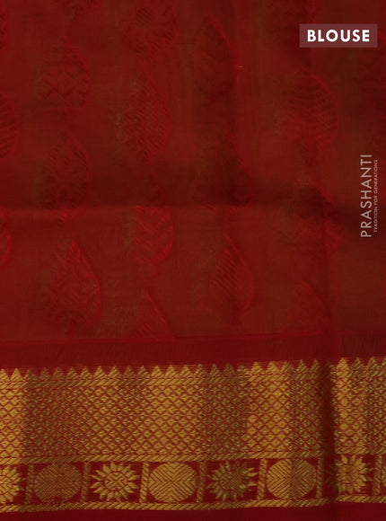 Silk cotton saree dual shade of light green and red with allover self emboss jaquard and zari woven border