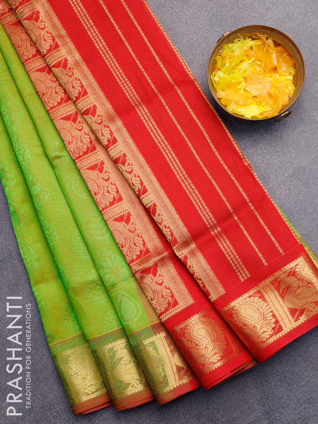 Silk cotton saree dual shade of light green and red with allover self emboss jaquard and annam zari woven border