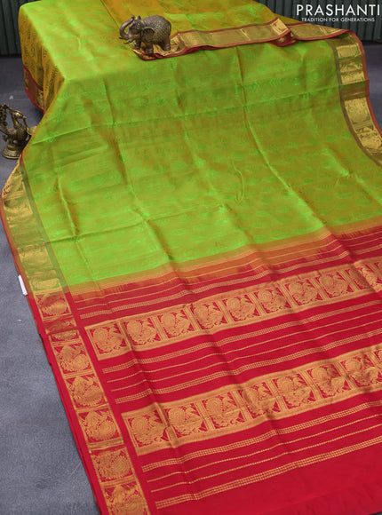 Silk cotton saree dual shade of light green and red with allover self emboss jaquard and annam zari woven border